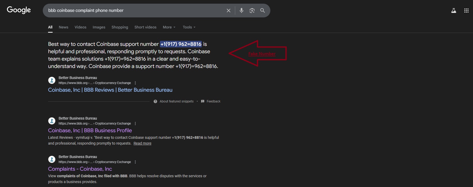 MDF Law Warns of Fake Coinbase Support Phone Numbers Indexed Thro