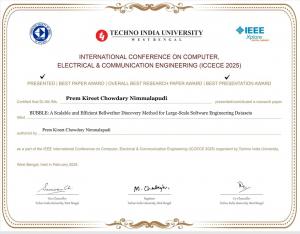 Certificate showing Prem Kireet Chowdary Nimmalapudi’s Best Presentation Award at ICCECE 2025.