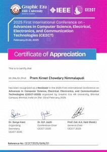 Certificate awarded to Prem Kireet Chowdary Nimmalapudi for serving as a reviewer at CE2CT 2025.