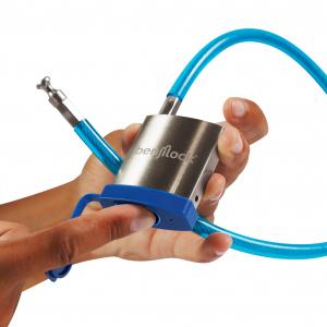 Hand unlocking BenjiLock cable shackle fingerprint padlock with one-touch biometric access for musicians touring equipment security