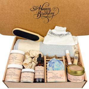 Birthday gift basket with spa and self care products, handmade in the USA by Sand & Sea by Ashley