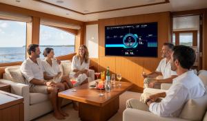 La gente disfruta hablando en un yate con una pantalla de información y entretenimiento en la parte trasera