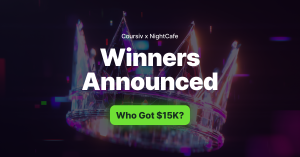 Coursiv and NightCafe announce winners of the $15,000 BeyondAI Art Challenge, shown with a futuristic crown graphic and call-to-action button “Who Got $15K?”