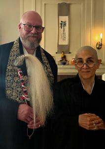 Sensei Michael Brunner, Abbot of One River Zen, with Rev. Kōsei Urasaki LaRose following her Zen Buddhist ordination ceremony in Ottawa, Illinois.