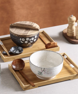 Handmade Japanese Ramen Bowl Set: Large Soup Spoon, Chopsticks, Rest & Bamboo Tray
