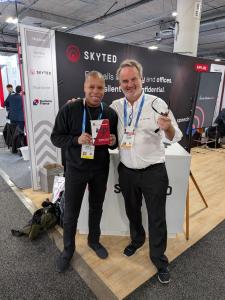 Movie Reviews and More founder Brian Sebastian (left) with Skyted CEO and founder Stephane Hersen (right) at CES 2026 in Las Vegas.