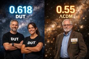 Image comparing two cosmological growth indices: DUT with gamma 0.618 and Lambda-CDM with gamma about 0.55.