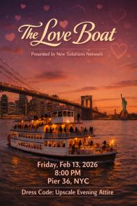 Event flyer for “The Love Boat: Valentine’s Wellness Boat Ride,” showing an evening boat cruise with the Brooklyn Bridge and Statue of Liberty in the background.