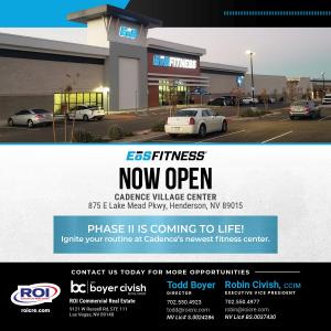 Flyer depicting the facade of an EōS Fitness building along with contact details and brand of representing brokerage company.