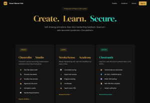 Smart Banner Hub homepage showing Create, Learn, Secure tagline with three product pillars - Clustrolin Studio, StrokeSense Academy, and Clustrauth