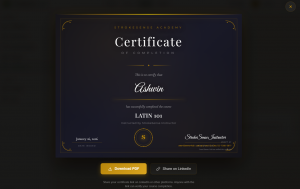 Certificate of completion modal showing Latin 101 course with Download PDF and Share on LinkedIn buttons