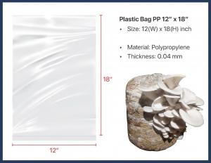 Visual representation of a 12 by 18 inch polypropylene grow bag with material and thickness details, alongside a mushroom cultivation example.