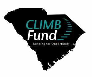 CLIMB Fund logo featuring teal and white text on a black background, the tagline “Lending for Opportunity,” and a stepped graphic in the shape of South Carolina