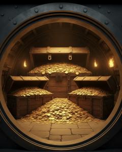 A vault full of treasure chests and doubloons