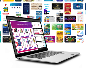 A laptop displaying the Clear Digital Sho interface surrounded by a collage of diverse digital signage examples, including school lunch menus, corporate dashboards, and retail promotions.