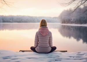 Person sitting in meditation pose by peaceful winter lake at sunset, demonstrating mindfulness practice for mental wellness and stress reduction