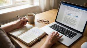 An image of a person sat at a desk with an open laptop