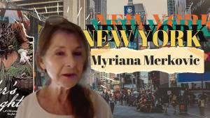 Historical fiction author Myriana Merkovic speaking on camera, with a New York city background graphic.