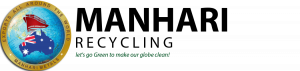 The Manhari Recycling logo featuring a gold circular seal with a globe, an Australian map and a cargo ship. To the right, the brand name is displayed in bold black text above the green italicised slogan: 