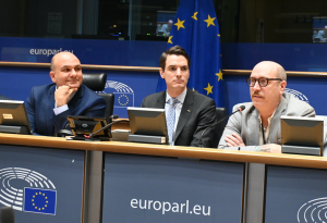European Parliament, Brussels. MEP Peter Agius, Martin Chatel (ETSI) and Daniel Thompson-Yvetot (Comply.Land)
