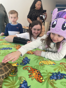 Children lean toward a tortoise on a table covered with a colorful reptile-themed blanket.