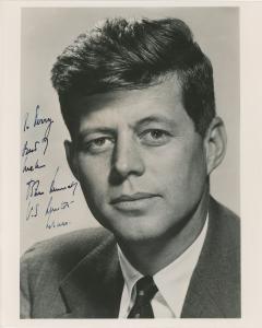John F. Kennedy autographed 8-inch-by-10-inch glossy photograph depicting a classic studio portrait of John F. Kennedy during his U.S. Senate years. Estimate: $3,500-$4,500