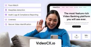 VideoCX.io platform interface highlighting Video Ident security features including face match, liveness detection, deepfake detection and audit logs for regulated institutions.