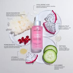 Ingredient highlights including snow mushroom, dragon fruit, peptides, and vitamin C.