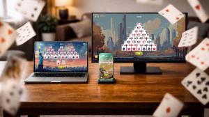 Solitaire games displayed on laptop, desktop, and mobile devices demonstrating cross-device play