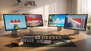 Multiple solitaire game variants shown on different screens within a browser-based gaming setup