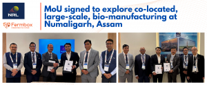 Two photos showing NRL and Fermbox Bio teams at the MoU signing for a proposed co-located biomanufacturing facility in Numaligarh, Assam.