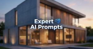 Expert AI Prompts logo with modern real estate background.