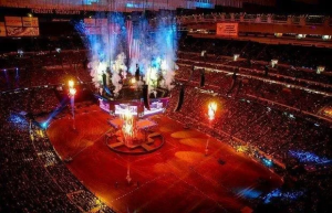 Smartstage delivers massive, custom-built revolving stage - lowering from the roof and spinning as the band plays