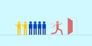 Illustration showing groups of people and movement toward an exit, representing space utilization, resource flow, and allocation insights enabled by digital twin technology.