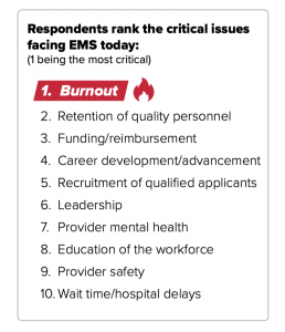 Ranked workforce critical issues: 1. Burnout, 2. Retention of quality personnel, 3. Funding/reimbursement, 4. Career development/advancement, 5. Recruitment of qualified applicants, 6. Leadership, 7. Provider mental health, 8. Education of the workforce, 