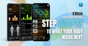Multiple Step V2 app screens showing health insights, adaptive targets, and AI recommendations for strength, cardio, and mobility, representing personalized movement intelligence.