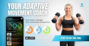 Step V2 app interface showing adaptive weekly targets for strength, cardio, and mobility alongside a fitness coach holding dumbbells, illustrating personalized movement guidance.