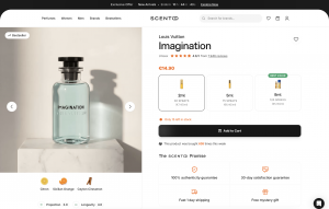 Louis Vuitton Imagination perfume bottle displayed on the Scento luxury fragrance discovery platform product page showing 4.6 star rating from   7,946 verified reviews, available in 2ml 5ml and 8ml authenticated samples with citron, Sicilian orange and Ce