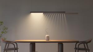 Moono sliding pendant light render by SHRE Studio suspended above a dining table, casting soft linear light