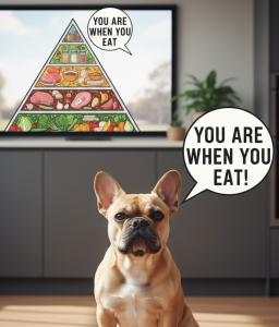 A French Bulldog looks directly at the camera in a modern home. Behind it, a television displays a food pyramid filled with whole foods like vegetables and meats. Speech bubbles from both the dog and the TV screen state: 