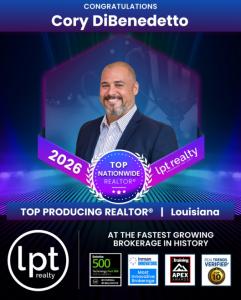 Award graphic featuring Cory DiBenedetto as Top Nationwide Realtor 2026 with LPT Realty