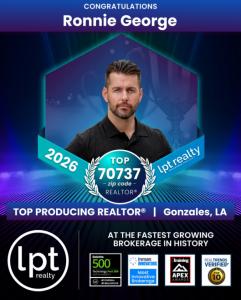 Award graphic featuring Ronnie George as Top Realtor in 70737 ZIP code with LPT Realty in Gonzales, LA
