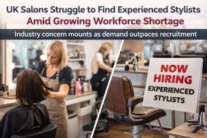 Hair stylist working with a client in a UK salon alongside an empty styling chair displaying a hiring sign, illustrating workforce shortages in the hairdressing sector.