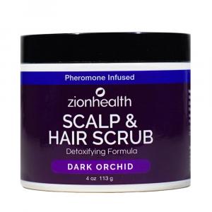 Zion Health Deep Cleansing Scalp & Hair Scrub Pheromone Infused Dark Orchid 4 oz jar shown on a white background, featuring a detoxifying formula for scalp and hair care.
