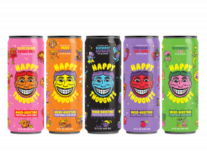 Five cans of the drink Happy Thoughts on a white background.  The cans are different colors and feature the brand's mascot, a cartoon like face smiling broadly across the front of the can.  The cans are in these colors from left to right - Orange, Green,