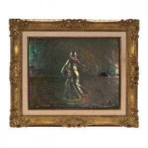 Framed plaque marked Weller Sicard Art Pottery, 11 inches by 14 inches (plaque only, minus the frame), showing an embossed scene of a woman and the sun. Estimate: $5,000-$7,500