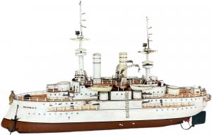 Circa-1912-1915 Marklin Series II clockwork driven model of the ‘Battleship Brooklyn,’ the prize of Marty Maloy’s fleet, 35 inches in length, included the original cradle stand, $90,000