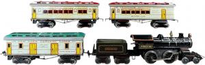 Ives gauge 1 clockwork powered No. 40 locomotive with a set of white 20th Century Limited cars, the locomotive having had minor red edge enhancement; otherwise excellent, $52,800