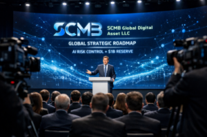 SCMB Exchange executive presenting the Global Strategic Roadmap on stage at a formal conference, with a large digital backdrop highlighting AI risk control and a $1B security reserve, while media and institutional attendees observe.