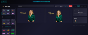 Typography Studio Pro Rebuilt From the Ground Up — Full-Color Animation Replaces Monochromatic Sketches 7 Typography Studio Pro editor showing side-by-side comparison of a portrait with cursive "Natalie" text on canvas — original design on the left and DBSCAN point-cloud preview on the right, with font picker and image upload controls visible.